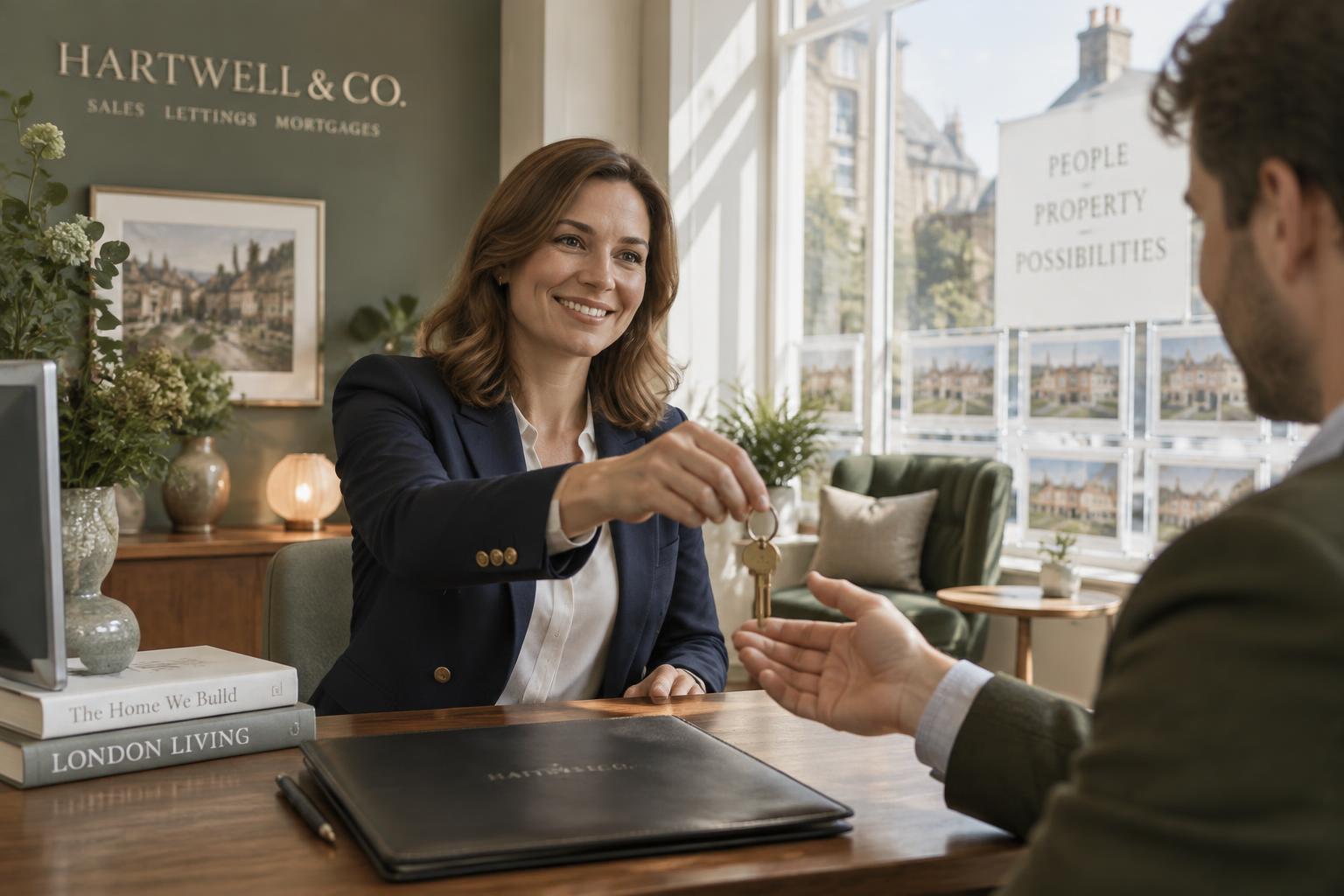 Estate agent handing over house keys in a bright high-street agency