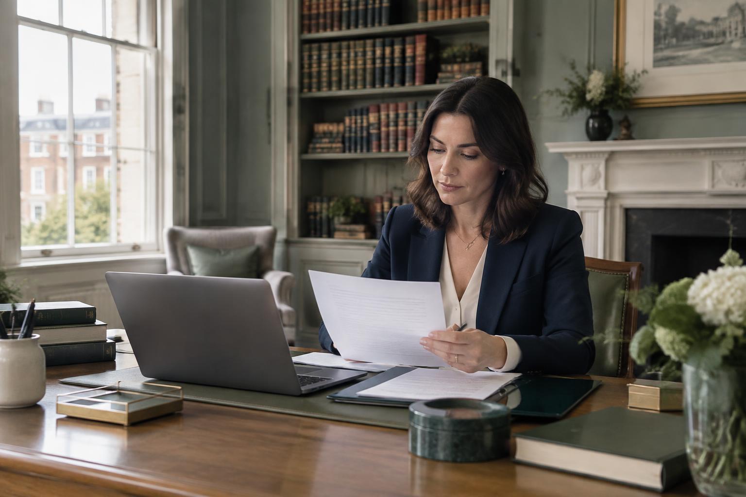 Conveyancing solicitor reviewing property documents in a refined office