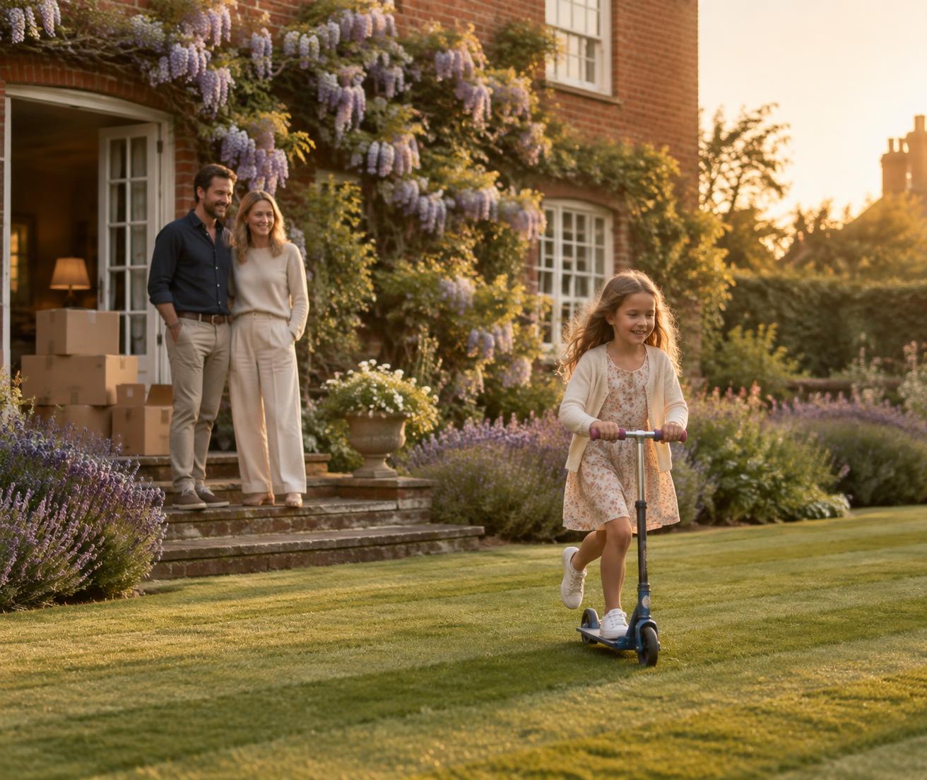 A family watching their daughter ride a scooter across the lawn of a brick family home at golden hour, packing boxes by the door