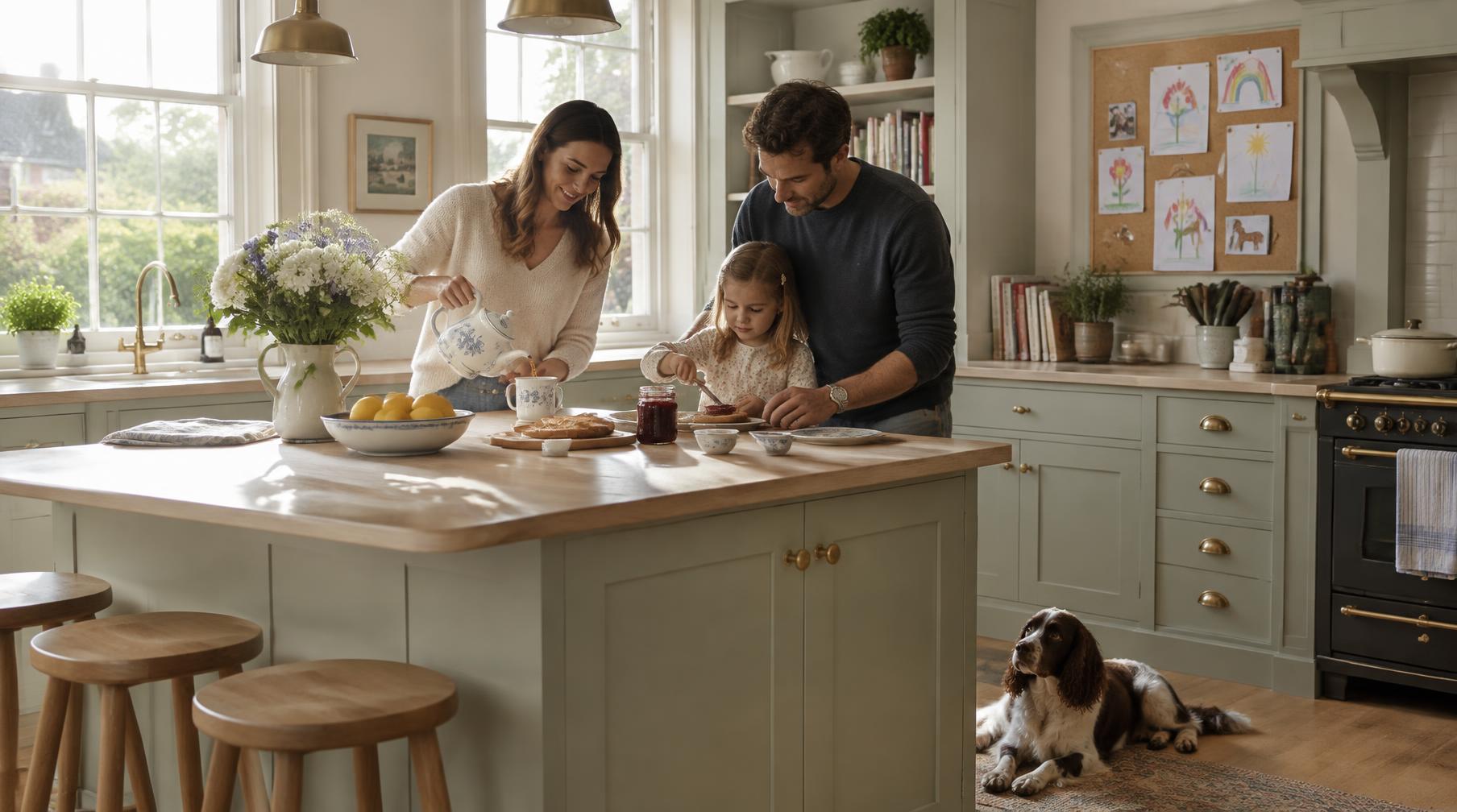 A family sharing breakfast at the oak island of a warm, sage-green kitchen in a period home