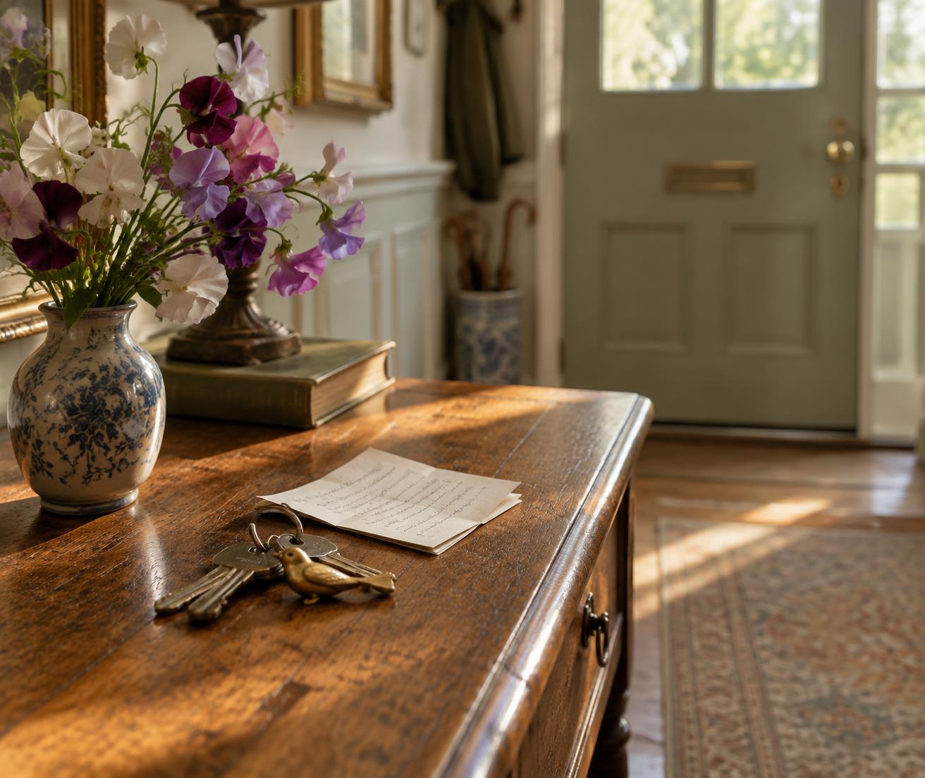 House keys with a brass bird keyring and a handwritten note on an oak console table in a panelled hallway